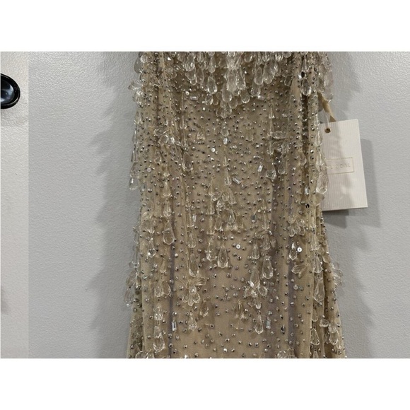 Mac Duggal 10101 Nude Silver V-Neck Column Gown with Fringe Embellishments Sz 0 - Picture 5 of 12